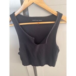 American Eagle Womens Ribbed Tank Top Charcoal Gray Notch Neck Crop Size L